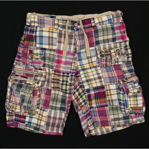 VTG Polo Ralph Lauren Patchwork Madras Cargo Shorts Mens 40 Plaid Cotton Y2K 12"